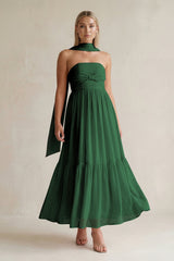 Strapless A - Line Chiffon Ruffled Bridesmaid Dress With Ribbon in Dark Green - KissProm Bridesmaid Dresses