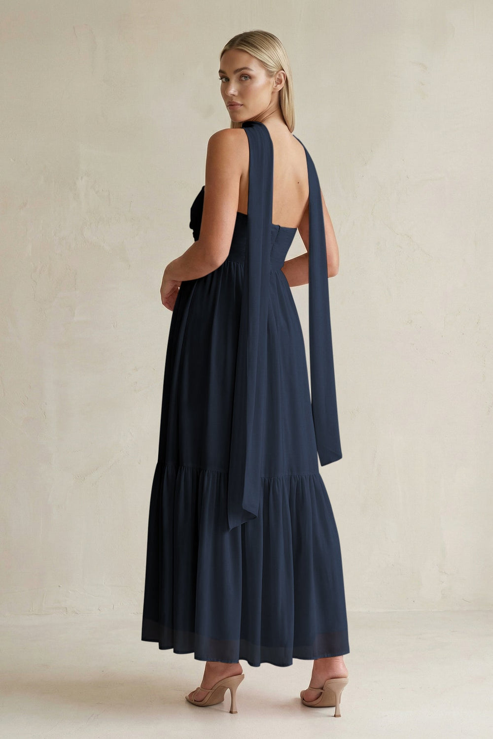 Strapless A - Line Chiffon Ruffled Bridesmaid Dress With Ribbon in Dark Navy - KissProm Bridesmaid Dresses