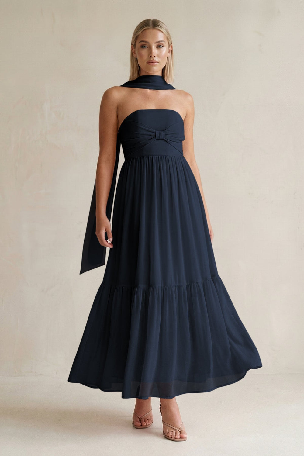 Strapless A - Line Chiffon Ruffled Bridesmaid Dress With Ribbon in Dark Navy - KissProm Bridesmaid Dresses
