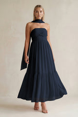 Strapless A - Line Chiffon Ruffled Bridesmaid Dress With Ribbon in Dark Navy - KissProm Bridesmaid Dresses