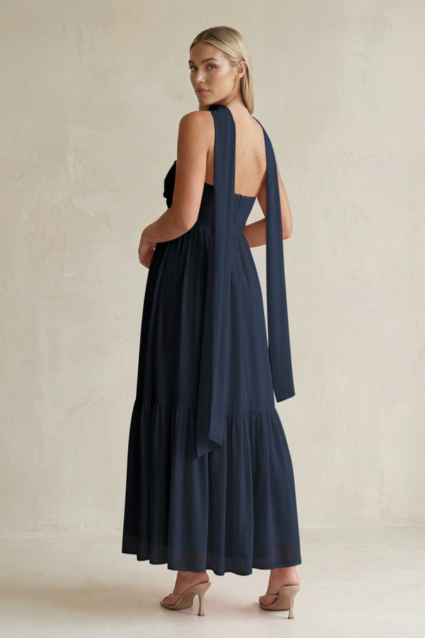 Strapless A - Line Chiffon Ruffled Bridesmaid Dress With Ribbon in Dark Navy - KissProm Bridesmaid Dresses