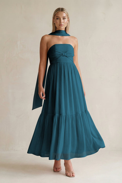 Strapless A - Line Chiffon Ruffled Bridesmaid Dress With Ribbon in Dark Teal - KissProm Bridesmaid Dresses