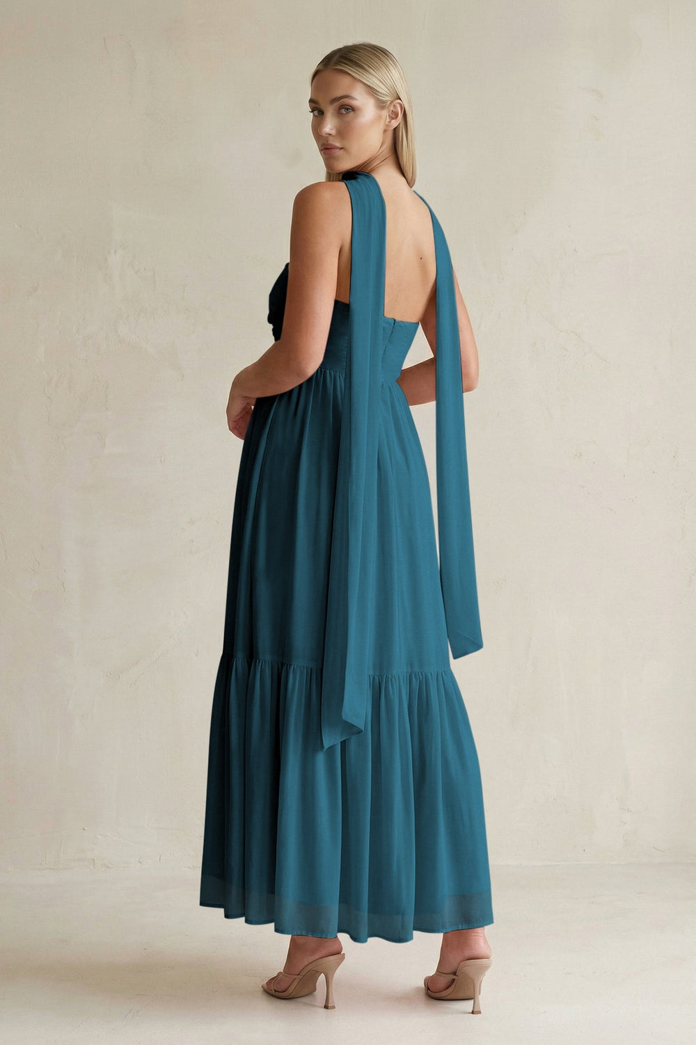 Strapless A - Line Chiffon Ruffled Bridesmaid Dress With Ribbon in Dark Teal - KissProm Bridesmaid Dresses