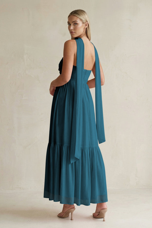 Strapless A - Line Chiffon Ruffled Bridesmaid Dress With Ribbon in Dark Teal - KissProm Bridesmaid Dresses