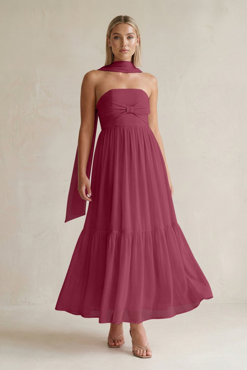 Strapless A - Line Chiffon Ruffled Bridesmaid Dress With Ribbon in Desert Rose - KissProm Bridesmaid Dresses