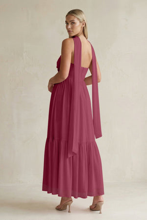Strapless A - Line Chiffon Ruffled Bridesmaid Dress With Ribbon in Desert Rose - KissProm Bridesmaid Dresses