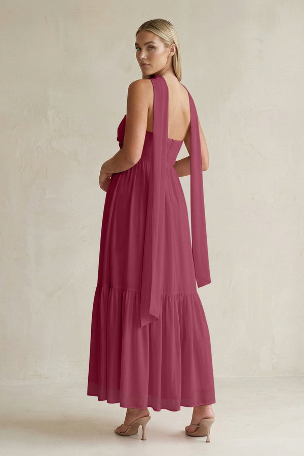 Strapless A - Line Chiffon Ruffled Bridesmaid Dress With Ribbon in Desert Rose - KissProm Bridesmaid Dresses