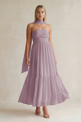 Strapless A - Line Chiffon Ruffled Bridesmaid Dress With Ribbon in Dusk - KissProm Bridesmaid Dresses