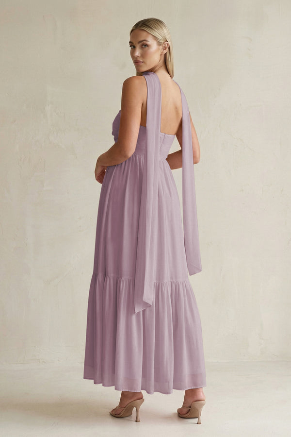Strapless A - Line Chiffon Ruffled Bridesmaid Dress With Ribbon in Dusk - KissProm Bridesmaid Dresses