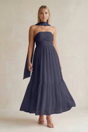 Strapless A - Line Chiffon Ruffled Bridesmaid Dress With Ribbon in Dusk Blue - KissProm Bridesmaid Dresses