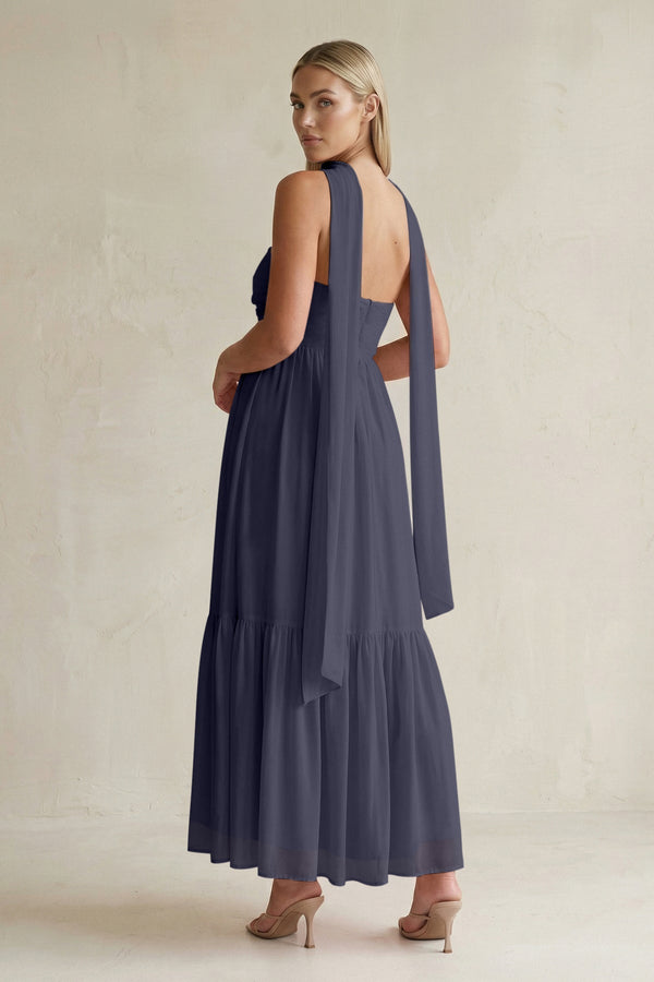 Strapless A - Line Chiffon Ruffled Bridesmaid Dress With Ribbon in Dusk Blue - KissProm Bridesmaid Dresses