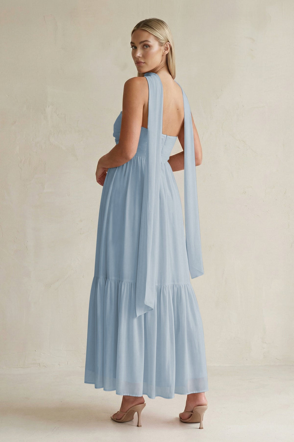 Strapless A - Line Chiffon Ruffled Bridesmaid Dress With Ribbon in Dusty Blue - KissProm Bridesmaid Dresses