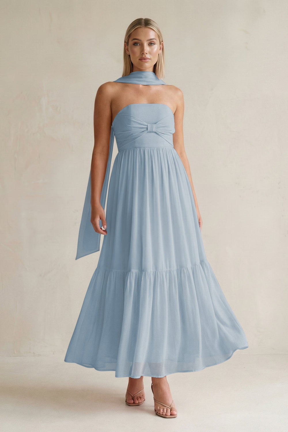Strapless A - Line Chiffon Ruffled Bridesmaid Dress With Ribbon in Dusty Blue - KissProm Bridesmaid Dresses