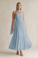 Strapless A - Line Chiffon Ruffled Bridesmaid Dress With Ribbon in Dusty Blue - KissProm Bridesmaid Dresses