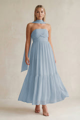 Strapless A - Line Chiffon Ruffled Bridesmaid Dress With Ribbon in Dusty Blue - KissProm Bridesmaid Dresses