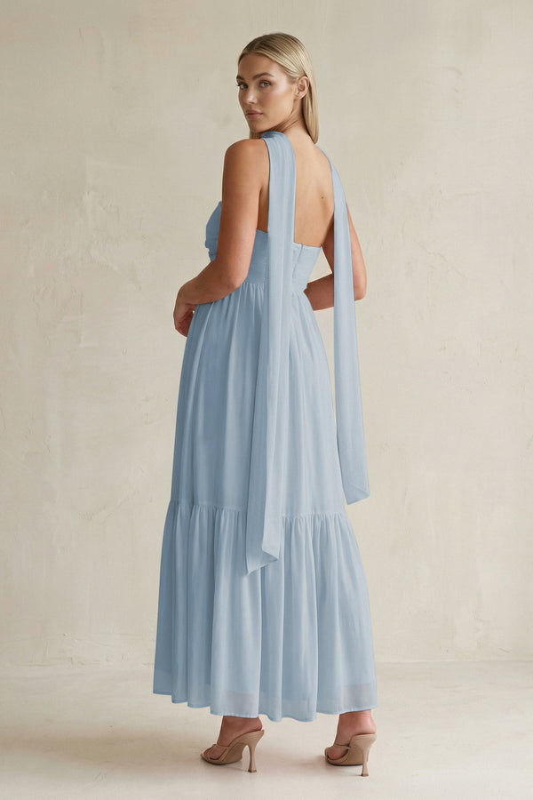 Strapless A - Line Chiffon Ruffled Bridesmaid Dress With Ribbon in Dusty Blue - KissProm Bridesmaid Dresses