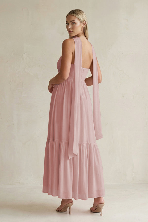 Strapless A - Line Chiffon Ruffled Bridesmaid Dress With Ribbon in Dusty Rose - KissProm Bridesmaid Dresses