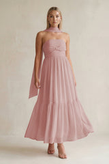 Strapless A - Line Chiffon Ruffled Bridesmaid Dress With Ribbon in Dusty Rose - KissProm Bridesmaid Dresses