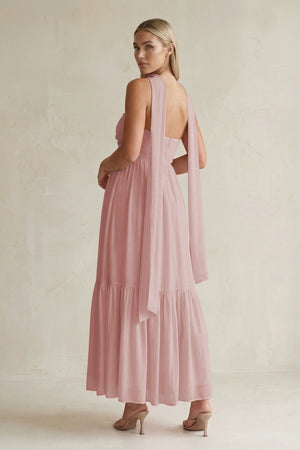 Strapless A - Line Chiffon Ruffled Bridesmaid Dress With Ribbon in Dusty Rose - KissProm Bridesmaid Dresses