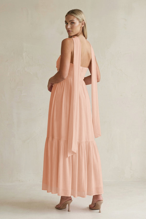 Strapless A - Line Chiffon Ruffled Bridesmaid Dress With Ribbon in English Rose - KissProm Bridesmaid Dresses