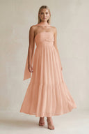 Strapless A - Line Chiffon Ruffled Bridesmaid Dress With Ribbon in English Rose - KissProm Bridesmaid Dresses