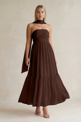 Strapless A - Line Chiffon Ruffled Bridesmaid Dress With Ribbon in Espresso - KissProm Bridesmaid Dresses