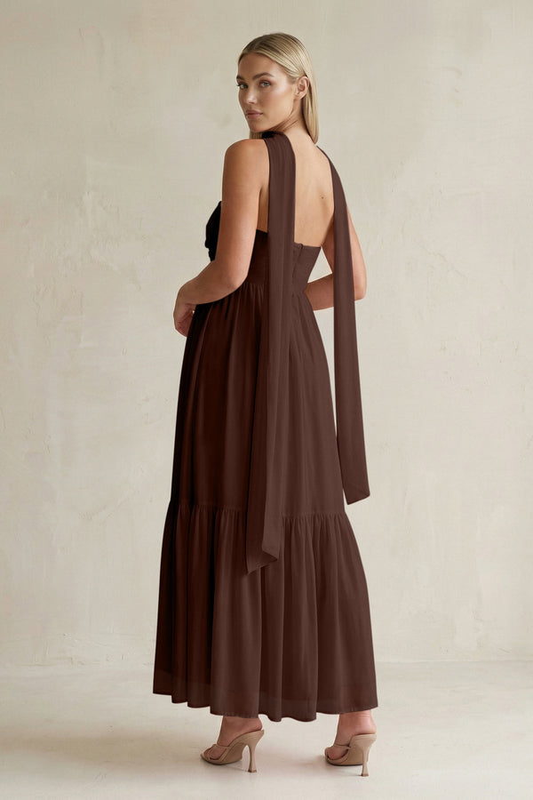 Strapless A - Line Chiffon Ruffled Bridesmaid Dress With Ribbon in Espresso - KissProm Bridesmaid Dresses