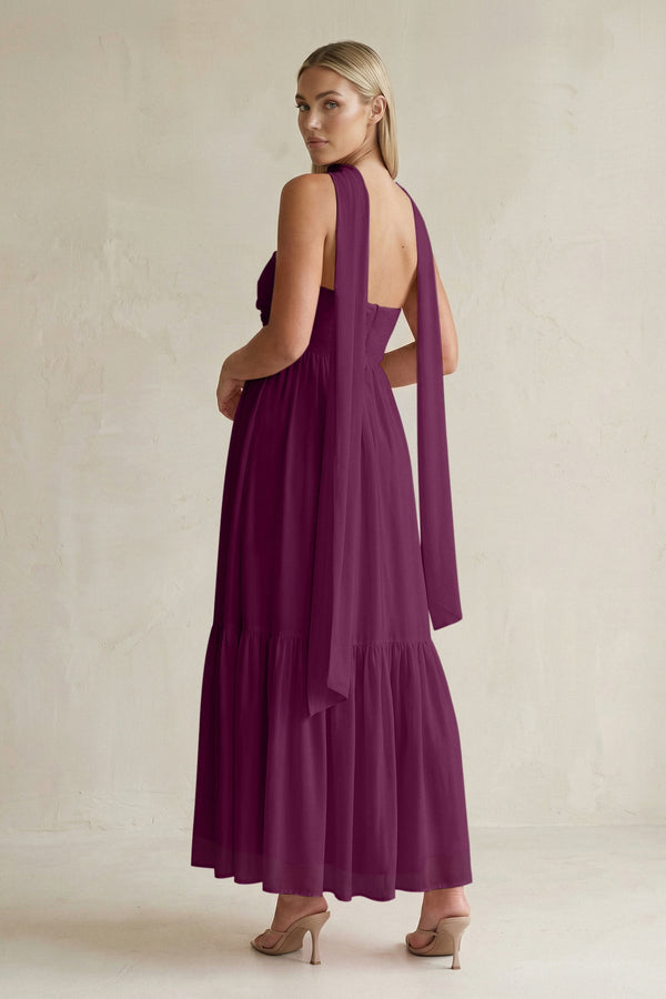 Strapless A - Line Chiffon Ruffled Bridesmaid Dress With Ribbon in Fig - KissProm Bridesmaid Dresses