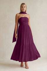 Strapless A - Line Chiffon Ruffled Bridesmaid Dress With Ribbon in Fig - KissProm Bridesmaid Dresses