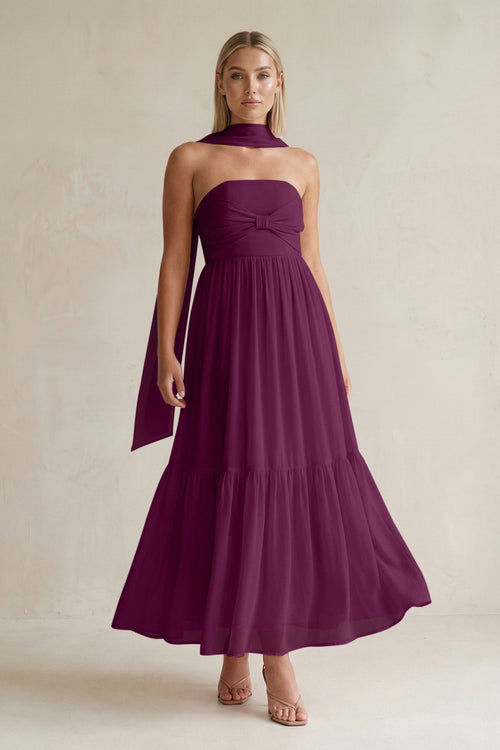 Strapless A - Line Chiffon Ruffled Bridesmaid Dress With Ribbon in Fig - KissProm Bridesmaid Dresses