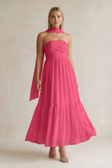 Strapless A - Line Chiffon Ruffled Bridesmaid Dress With Ribbon in Fuchsia - KissProm Bridesmaid Dresses