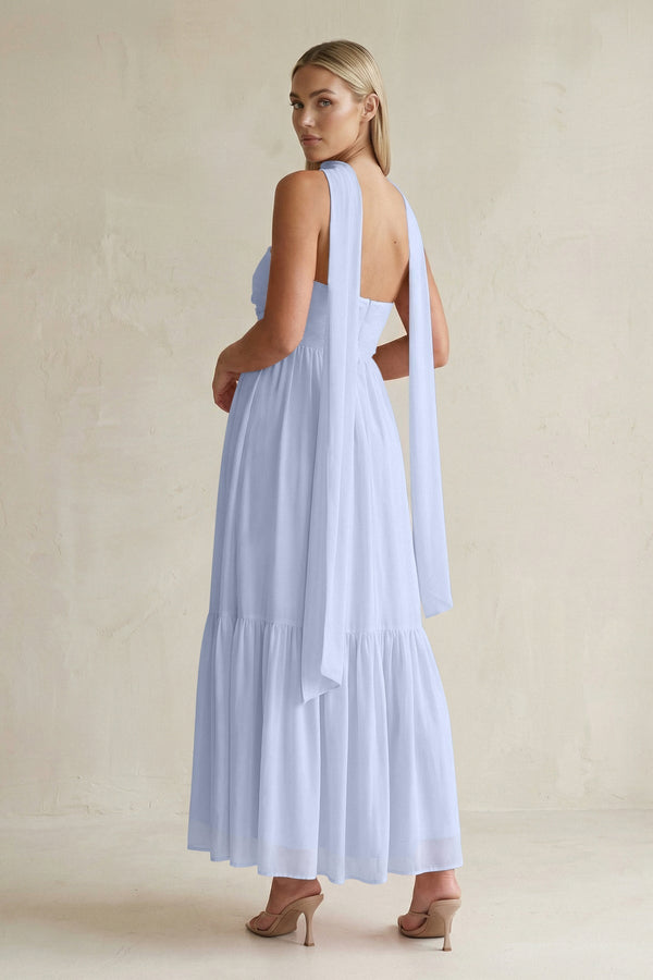 Strapless A - Line Chiffon Ruffled Bridesmaid Dress With Ribbon in Ice - KissProm Bridesmaid Dresses