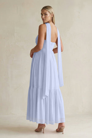 Strapless A - Line Chiffon Ruffled Bridesmaid Dress With Ribbon in Ice - KissProm Bridesmaid Dresses