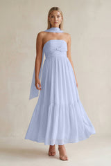 Strapless A - Line Chiffon Ruffled Bridesmaid Dress With Ribbon in Ice - KissProm Bridesmaid Dresses