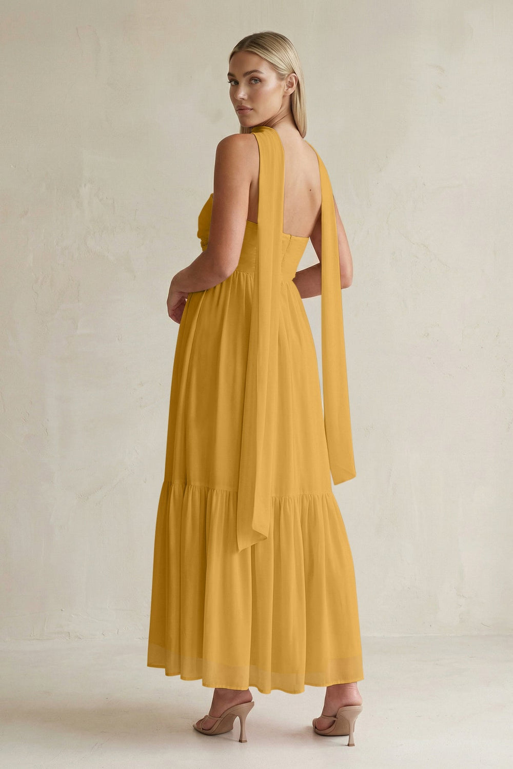 Strapless A - Line Chiffon Ruffled Bridesmaid Dress With Ribbon in Marigold - KissProm Bridesmaid Dresses