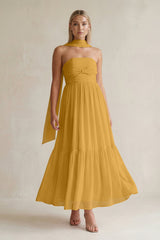 Strapless A - Line Chiffon Ruffled Bridesmaid Dress With Ribbon in Marigold - KissProm Bridesmaid Dresses