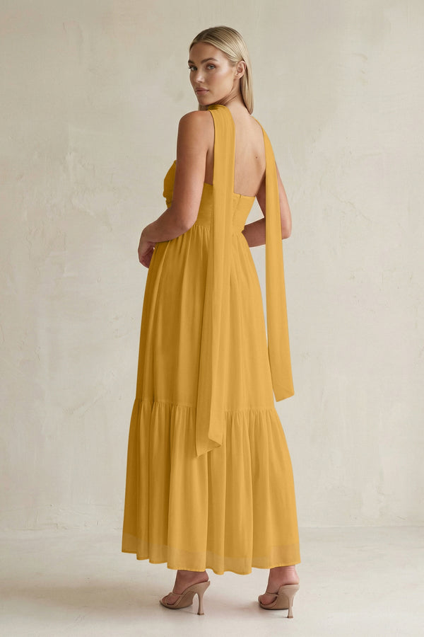 Strapless A - Line Chiffon Ruffled Bridesmaid Dress With Ribbon in Marigold - KissProm Bridesmaid Dresses