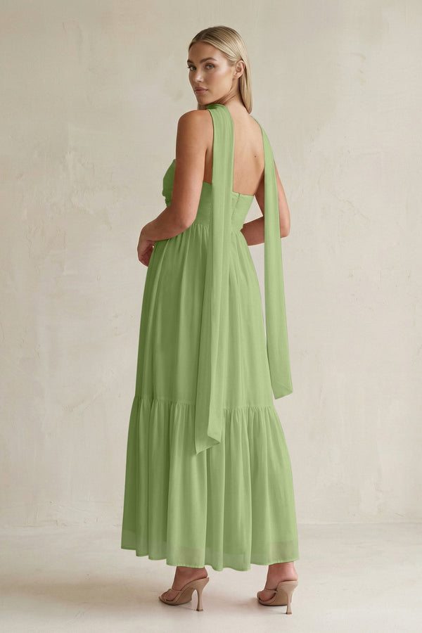Strapless A - Line Chiffon Ruffled Bridesmaid Dress With Ribbon in Matcha - KissProm Bridesmaid Dresses
