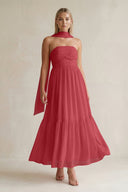 Strapless A - Line Chiffon Ruffled Bridesmaid Dress With Ribbon in Merlot - KissProm Bridesmaid Dresses