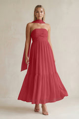 Strapless A - Line Chiffon Ruffled Bridesmaid Dress With Ribbon in Merlot - KissProm Bridesmaid Dresses