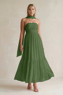 Strapless A - Line Chiffon Ruffled Bridesmaid Dress With Ribbon in Moss - KissProm Bridesmaid Dresses