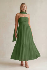 Strapless A - Line Chiffon Ruffled Bridesmaid Dress With Ribbon in Moss - KissProm Bridesmaid Dresses