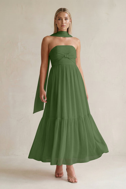 Strapless A - Line Chiffon Ruffled Bridesmaid Dress With Ribbon in Moss - KissProm Bridesmaid Dresses