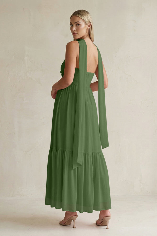 Strapless A - Line Chiffon Ruffled Bridesmaid Dress With Ribbon in Moss - KissProm Bridesmaid Dresses
