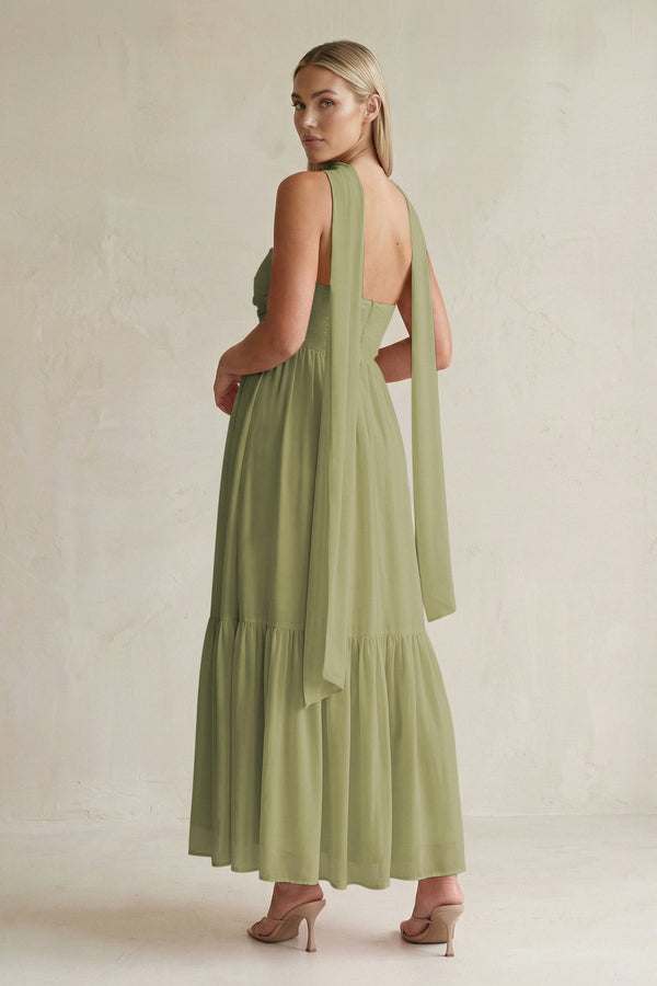 Strapless A - Line Chiffon Ruffled Bridesmaid Dress With Ribbon in Moss Green - KissProm Bridesmaid Dresses