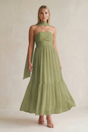 Strapless A - Line Chiffon Ruffled Bridesmaid Dress With Ribbon in Moss Green - KissProm Bridesmaid Dresses