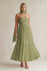 Strapless A - Line Chiffon Ruffled Bridesmaid Dress With Ribbon in Moss Green - KissProm Bridesmaid Dresses