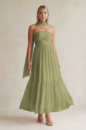 Strapless A - Line Chiffon Ruffled Bridesmaid Dress With Ribbon in Moss Green - KissProm Bridesmaid Dresses