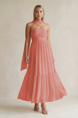 Strapless A - Line Chiffon Ruffled Bridesmaid Dress With Ribbon in Mulberry - KissProm Bridesmaid Dresses