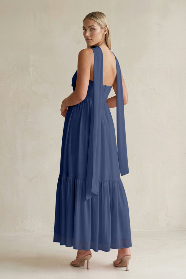 Strapless A - Line Chiffon Ruffled Bridesmaid Dress With Ribbon in Navy - KissProm Bridesmaid Dresses